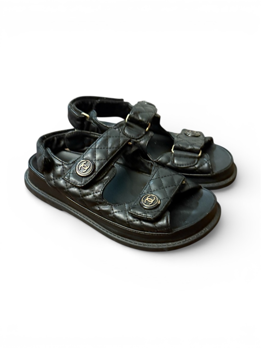 Authentic CHANEL Black Quilted Leather Open-Toe Sandals with Gold CC